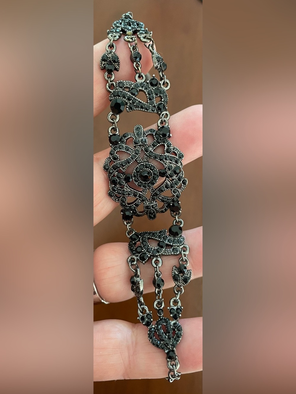 Vintage VCLM Signed Victorian Revival Black Rhinestone Filigree Bracelet